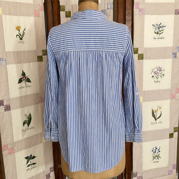 Caffe Marrakesh blue/white striped tunic, adjustable sleeves, button up w collar - Picture 3 of 9